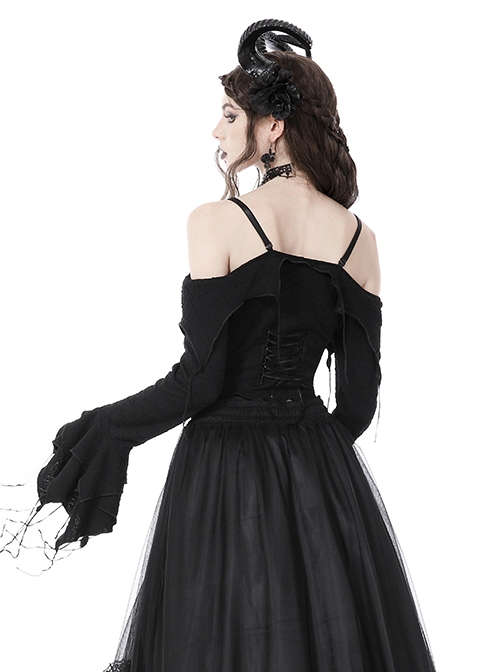 Gothic Style Sexy One Shoulder Hollows Chest Gorgeous Multi-Layered Trumpet Sleeves Black Suspender Top