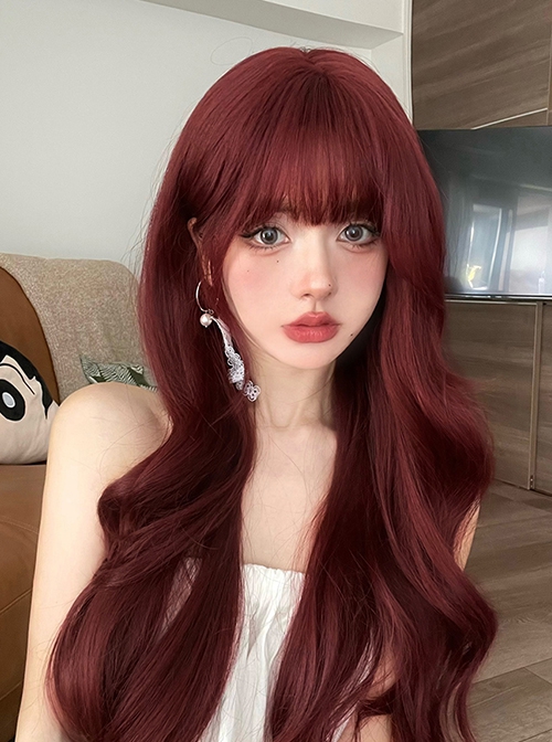 Raspberry Red Fashion Internet Celebrity Popular Flat Bangs Long Curly Hair Sweet Lolita Full Head Wig