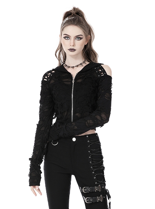 Punk Style Decadent Ripped Sexy Hollow Strapless Backless Cross Strap Black Hooded Long Sleeves Top