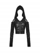 Punk Style Decadent Ripped Sexy Hollow Strapless Backless Cross Strap Black Hooded Long Sleeves Top