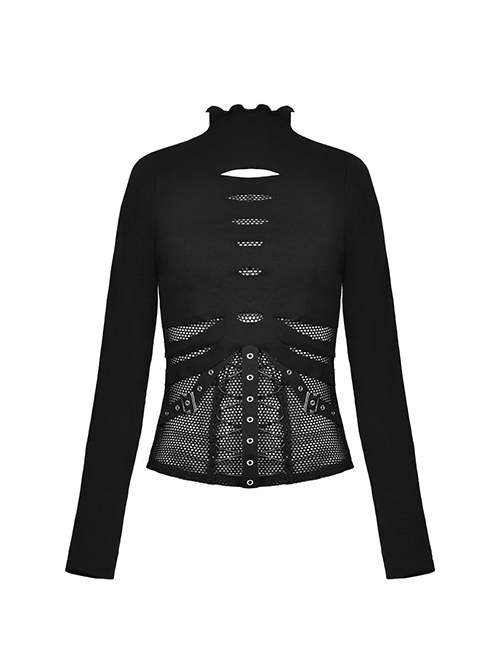 Punk Style Sexy Mesh Hollow Leather Cross Strap Metal Buckle Black Stand Collar Long Sleeves Top