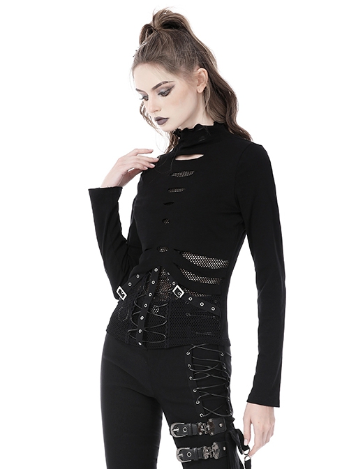 Punk Style Sexy Mesh Hollow Leather Cross Strap Metal Buckle Black Stand Collar Long Sleeves Top