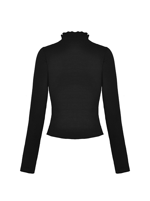 Punk Style Sexy Mesh Hollow Leather Cross Strap Metal Buckle Black Stand Collar Long Sleeves Top