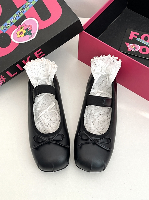 Ballet Fairy Style Sweet Flat Single Vintage Satin Ribbon Bowknot Sweet Lolita Square Toe Mary Jane Shoes