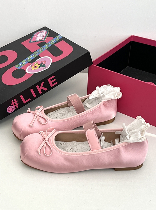 Ballet Fairy Style Sweet Flat Single Vintage Satin Ribbon Bowknot Sweet Lolita Square Toe Mary Jane Shoes