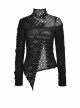 Punk Style Stand Collar Cool Metal Buckle Personalized Tattered Hollow Irregular Slit Hem Black Long Sleeves Top
