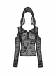 Punk Style Rebellious Rock Skull Pattern Hollow Sexy See Through Leather Strap Black Long Sleeves Hoodie Top