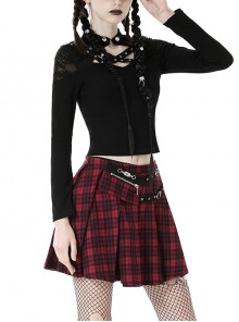 Punk Style Stand Collar Shoulder Tattered Cutout Cool Cross Strap Metal Buckle Black Long Sleeves Slim T Shirt