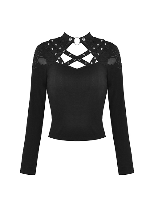Punk Style Stand Collar Shoulder Tattered Cutout Cool Cross Strap Metal Buckle Black Long Sleeves Slim T Shirt
