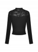 Punk Style Stand Collar Shoulder Tattered Cutout Cool Cross Strap Metal Buckle Black Long Sleeves Slim T Shirt