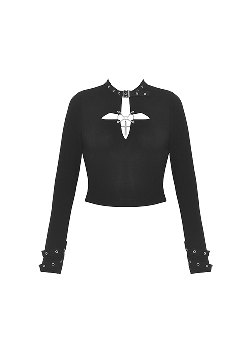 Punk Style Sexy Hollow Personalized Metal Chain Cross Chest Chain Daily Black Long Sleeves Slim  Shirt