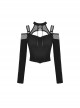 Punk Style Sexy Halterneck Off Shoulder Cross Leather Strap Black Long Sleeves Navel Exposed T Shirt