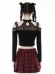 Punk Style Sexy Halterneck Off Shoulder Cross Leather Strap Black Long Sleeves Navel Exposed T Shirt