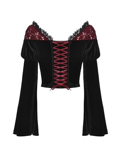 Gothic Style Luxury Velvet Exquisite Red Lace Cross Straps Elegant One Shoulder Black Trumpet Sleeves Top