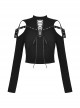 Punk Style Cross Leather Strap V Shaped Chest Hollow Sexy Off Shoulder Metal Buckle Black Long Sleeves T Shirt