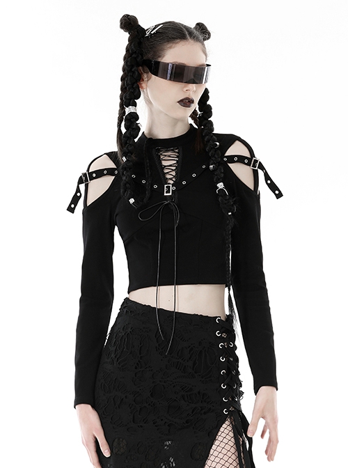 Punk Style Cross Leather Strap V Shaped Chest Hollow Sexy Off Shoulder Metal Buckle Black Long Sleeves T Shirt