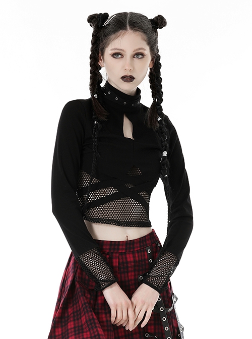 Punk Style Stand Collar Sexy Mesh Splicing See Through Cross Strap Metal Ring Zip Black Long-Sleeved T Shirt