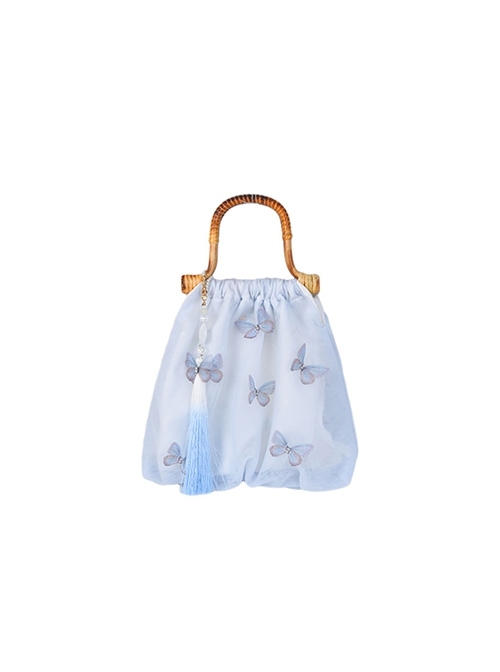 Moonlight Series New Chinese Style Fairy Gauze Butterfly Print Light Blue Tassel Classic Lolita Bamboo Hand Strap Hanfu Bag