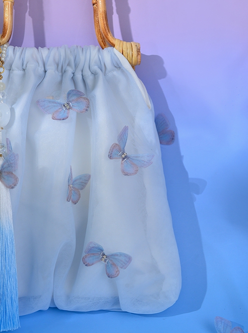 Moonlight Series New Chinese Style Fairy Gauze Butterfly Print Light Blue Tassel Classic Lolita Bamboo Hand Strap Hanfu Bag