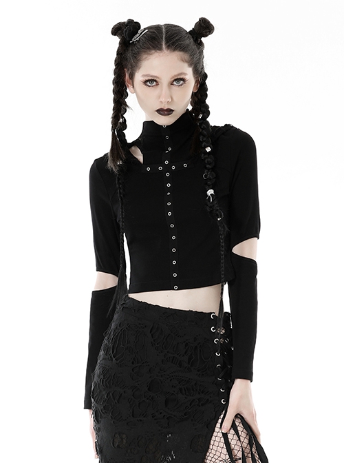 Punk Style Stand Collar Chest Metal Eyelet Cross Pattern Personalized Black Ripped Hooded Long Sleeves Top
