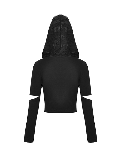 Punk Style Stand Collar Chest Metal Eyelet Cross Pattern Personalized Black Ripped Hooded Long Sleeves Top