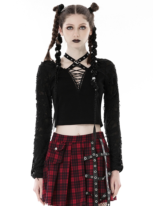 Punk Style Cool Ripped Hole Lace Black Cross Strap Halter Neck Rebellious Black Long Sleeves Short T Shirt