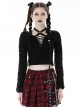 Punk Style Cool Ripped Hole Lace Black Cross Strap Halter Neck Rebellious Black Long Sleeves Short T Shirt