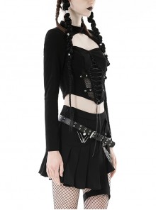 Punk Style High Collar Hollow Chest Cross Straps Sexy Mesh Splicing Navel Exposed Black Long Sleeves T Shirt