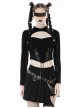 Punk Style High Collar Hollow Chest Cross Straps Sexy Mesh Splicing Navel Exposed Black Long Sleeves T Shirt
