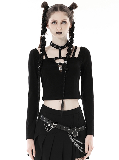 Punk Style Rock Roll Girl Sexy Navel Exposed Backless Metal Buckle Black Long Sleeves Suspender Halter Top