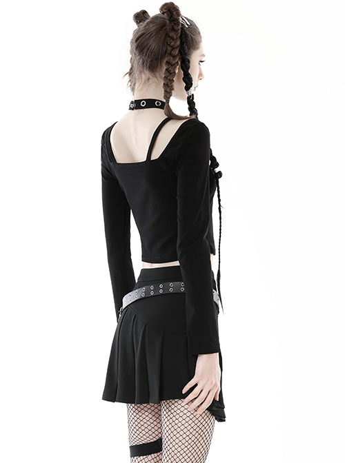 Punk Style Rock Roll Girl Sexy Navel Exposed Backless Metal Buckle Black Long Sleeves Suspender Halter Top
