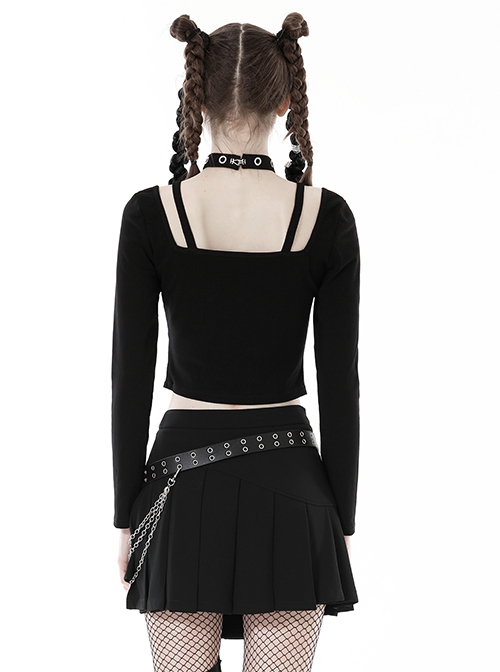 Punk Style Rock Roll Girl Sexy Navel Exposed Backless Metal Buckle Black Long Sleeves Suspender Halter Top