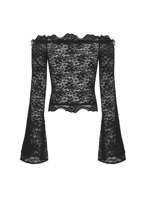Gothic Style Retro Exquisite Lace Sexy See Through Elegant Black One Shoulder Trumpet Sleeves T Shirt