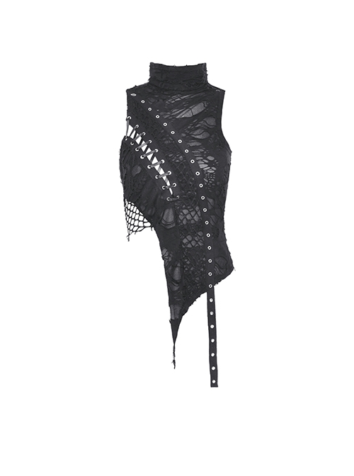 Punk Style High Collar Hollow Cross Straps Mesh Splicing Asymmetric Cool Black Sleeveless Vest T Shirt