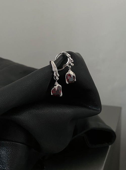 Holy Blood Series Cool Sterling Silver Red Zirconias Liquid Metal Punk Gothic Style Stud Earrings