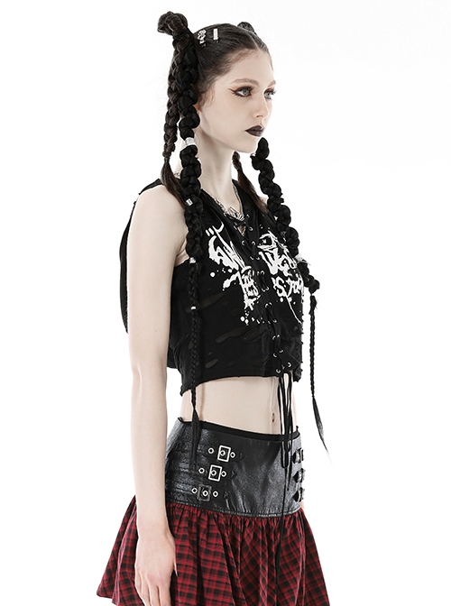 Punk Style Cool White Graffiti Print Ripped Cross Straps Unique Black Cat Ear Hooded Vest Sleeveless Top