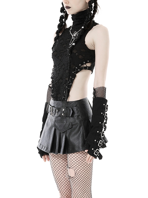 Punk Style High Collar Sexy High Slit Leather Cross Strap Decadent Hole Extended Front Black Sleeveless Top