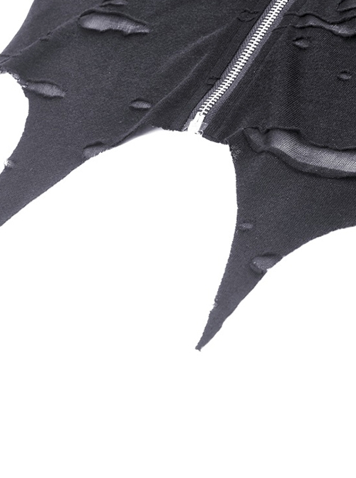 Punk Style Unique Metal Bone Zipper Shabby Hollow Personality Black Cat Ear Hooded Vest Sleeveless Top
