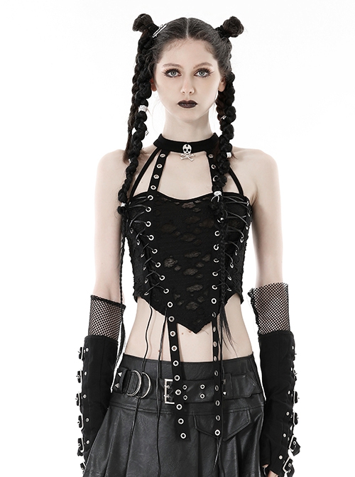 Punk Style Cool Metal Skull Decoration With Cross Straps On Both Sides Black Ripped Halterneck Top