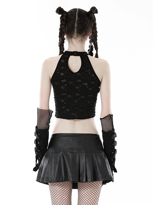 Punk Style Cool Metal Skull Decoration With Cross Straps On Both Sides Black Ripped Halterneck Top