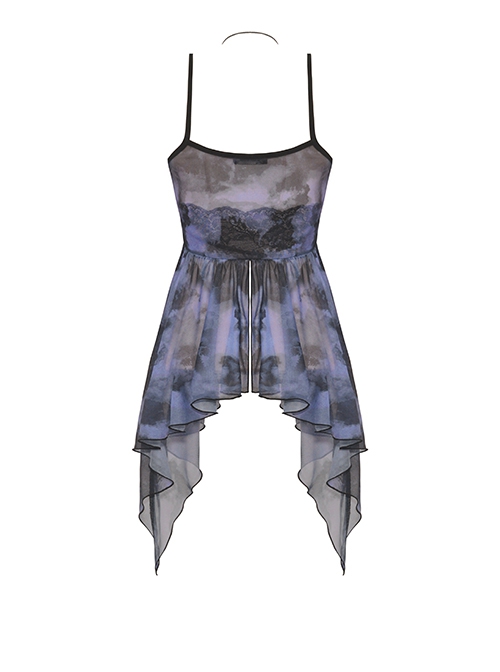 Punk Style Exquisite Lace Sexy Slightly See Through Tulle Black Purple Tie Dye Suspender Dress