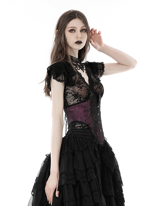 Gothic Style Elegant V Neck Exquisite Lace Sexy Slightly See Through Cross Strap Black Short Sleeves Top
