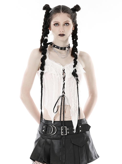 Punk Style Exquisite Sexy Lace Asymmetric Hem Black Cross Ribbon Strap Decadent Hole White Suspender Top