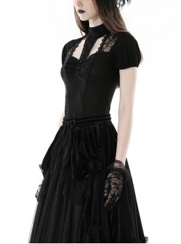 Gothic Style Retro Stand Collar Palace Puff Sleeves Exquisite Lace Stitching Black Short Sleeves Top