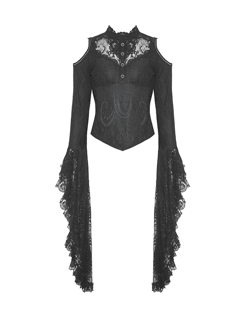 Gothic Style Exquisite Stand Collar Gorgeous Layered Lace Sexy Off Shoulder Black Long Sleeves Slim Top