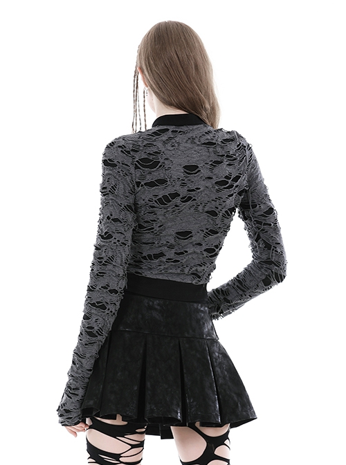 Punk Style Stand Collar Retro Metal Buckle Decoration Decadent Hollow Gray Black Long Sleeves Top