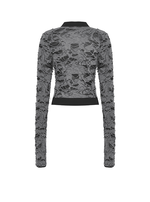Punk Style Stand Collar Retro Metal Buckle Decoration Decadent Hollow Gray Black Long Sleeves Top