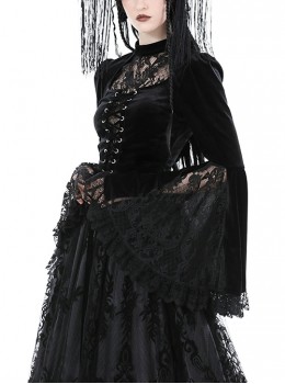 Gothic Style Retro Stand Collar Luxury Velvet Exquisite Lace Stitching Sexy Hollow Black Trumpet Sleeves Top