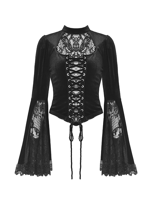Gothic Style Retro Stand Collar Luxury Velvet Exquisite Lace Stitching Sexy Hollow Black Trumpet Sleeves Top