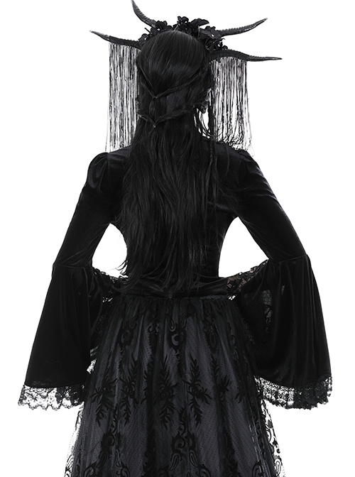 Gothic Style Retro Stand Collar Luxury Velvet Exquisite Lace Stitching Sexy Hollow Black Trumpet Sleeves Top